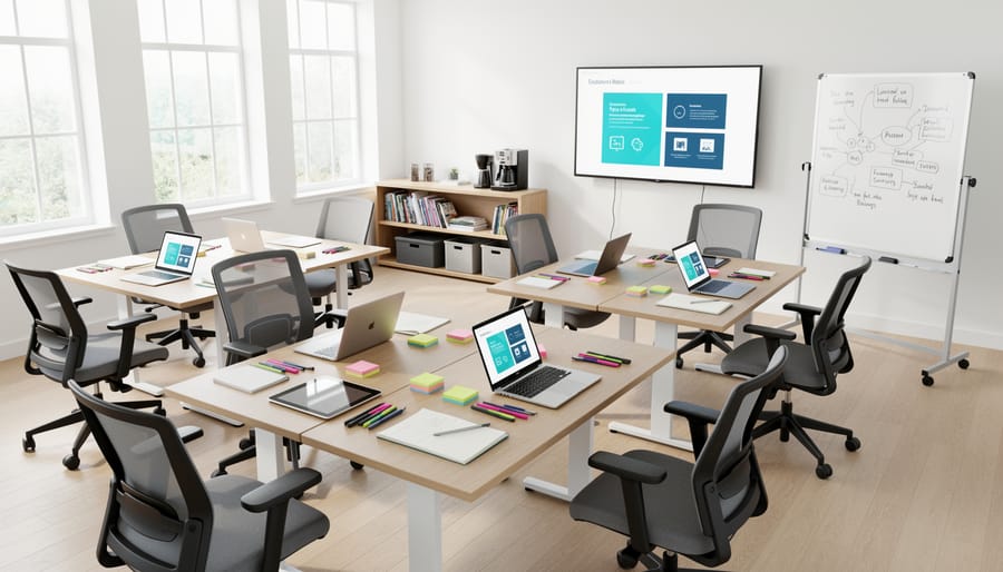 Tutor helping students in a small office classroom with laptops and notebooks