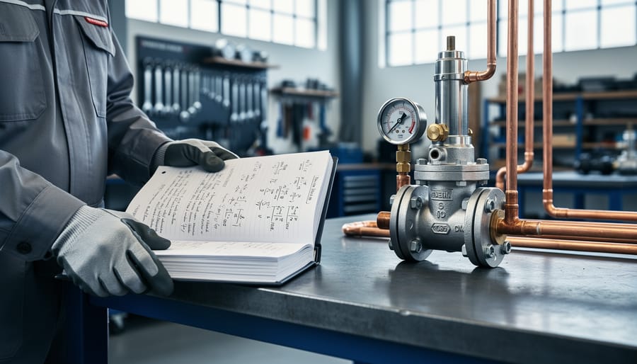 Person reviewing study materials on a workbench beside boiler valves and copper piping in an industrial workshop setting.