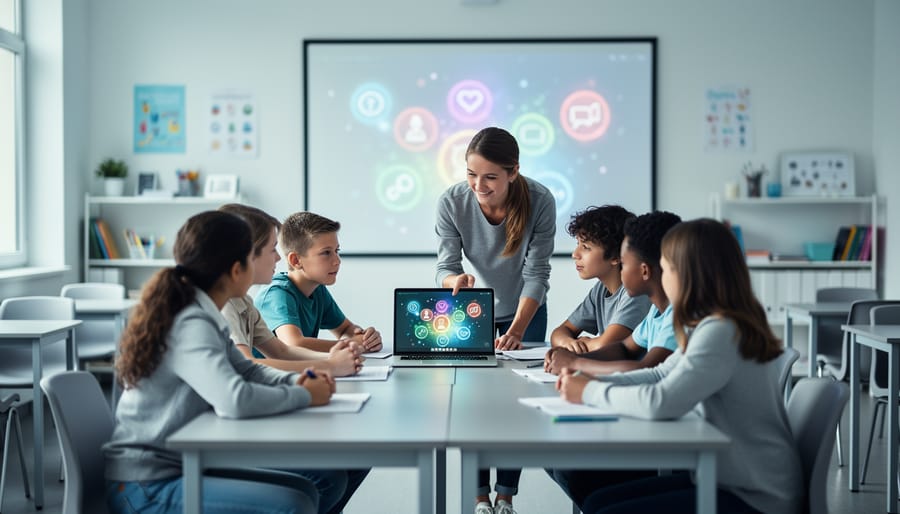 Teacher and students collaborating at a desk with a laptop in a modern classroom, representing AP Classroom digital learning and student practice.