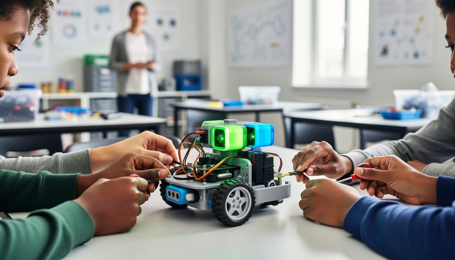 Students working together at a classroom robotics table, assembling and testing a small robot while a teacher watches in the background.