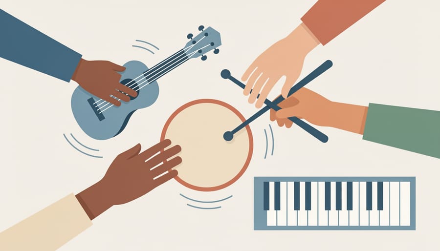 Close-up of a hand drum with students’ reaching hands indicating participation in classroom music activities