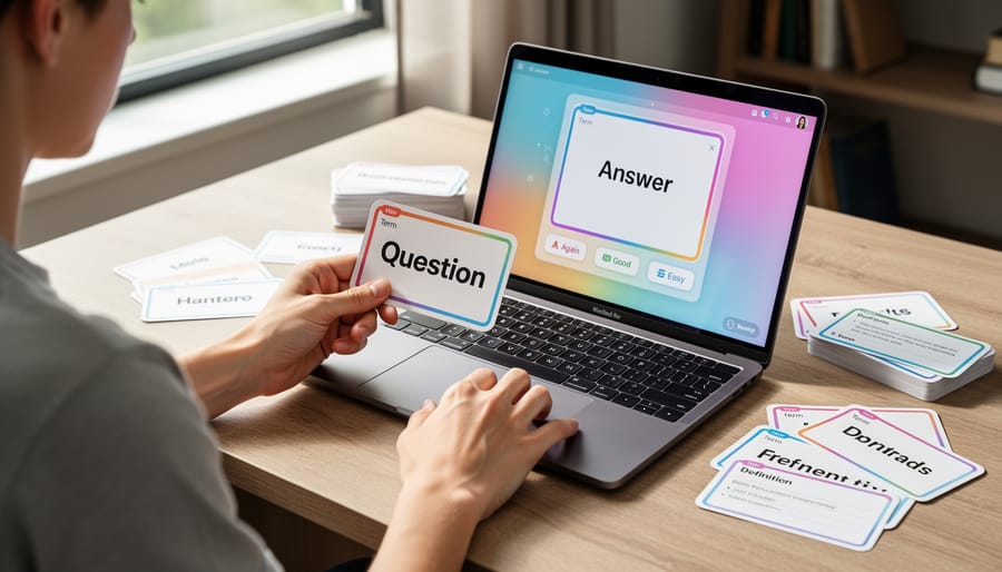 Close-up of hands shuffling flashcards next to a tablet displaying an abstract, non-text screen glow.