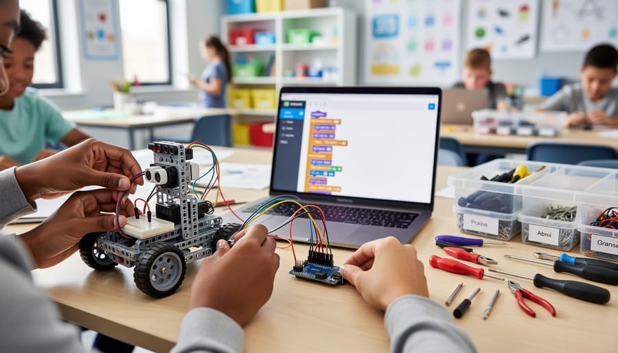 Close view of a classroom robotics kit and a student working at a desk with a tablet in the background.