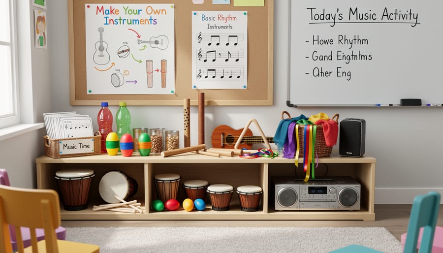 Close view of classroom music supplies including percussion instruments, a speaker, and a tablet in a designated corner