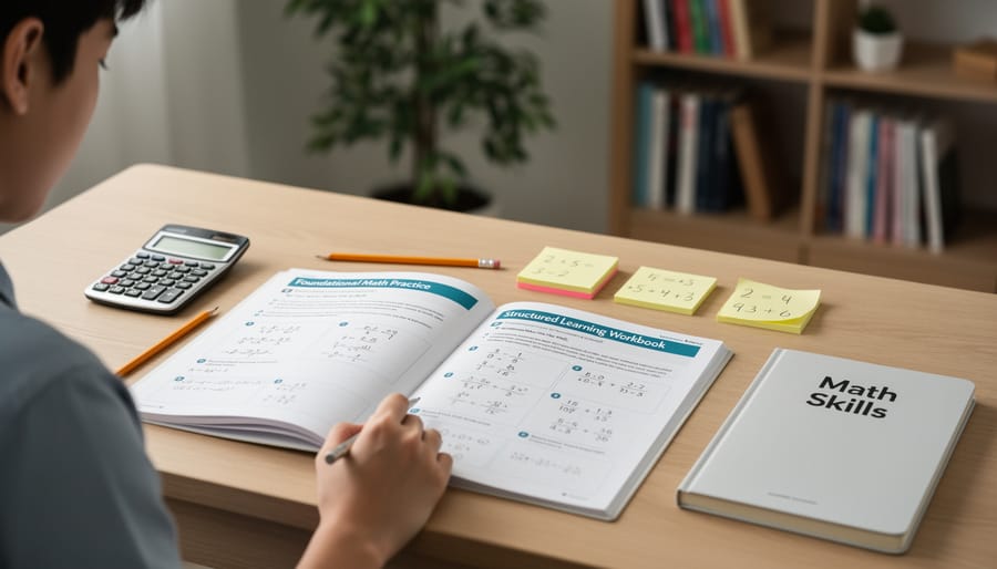Close view of hands studying a math workbook with pencil in a learning environment