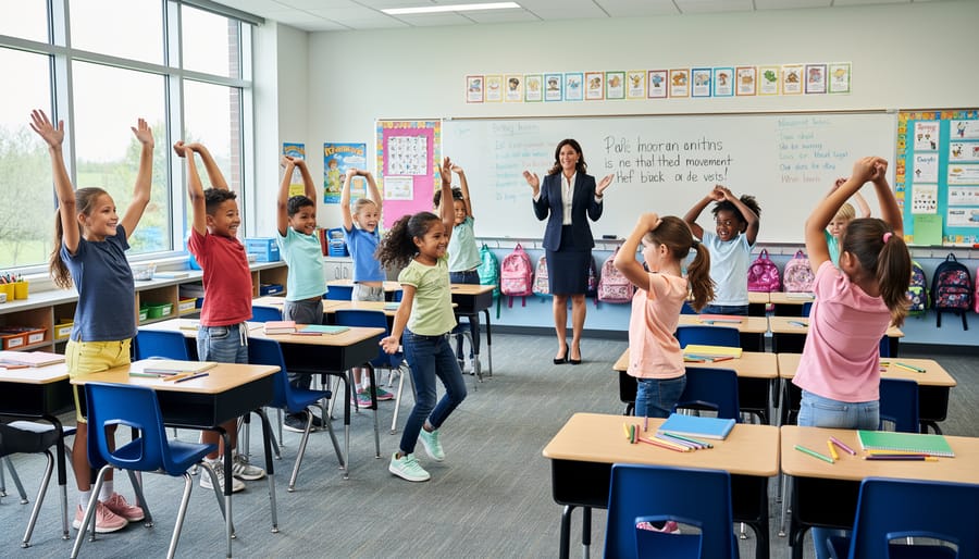 Diverse elementary students doing jumping jacks during a short classroom movement break