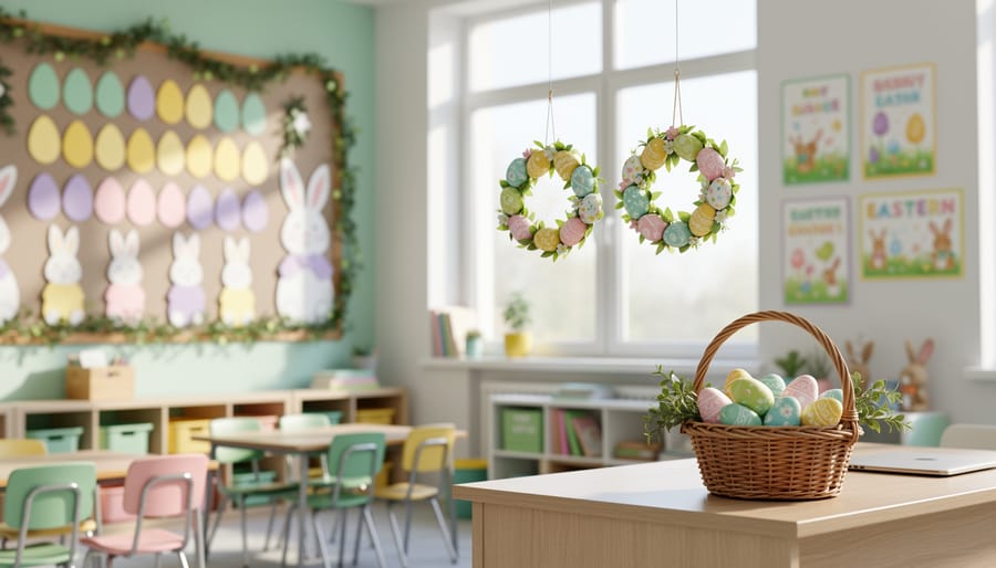 Sunlit classroom with pastel spring Easter decorations on a bulletin board and teacher desk, creating a warm festive atmosphere without distracting from learning.