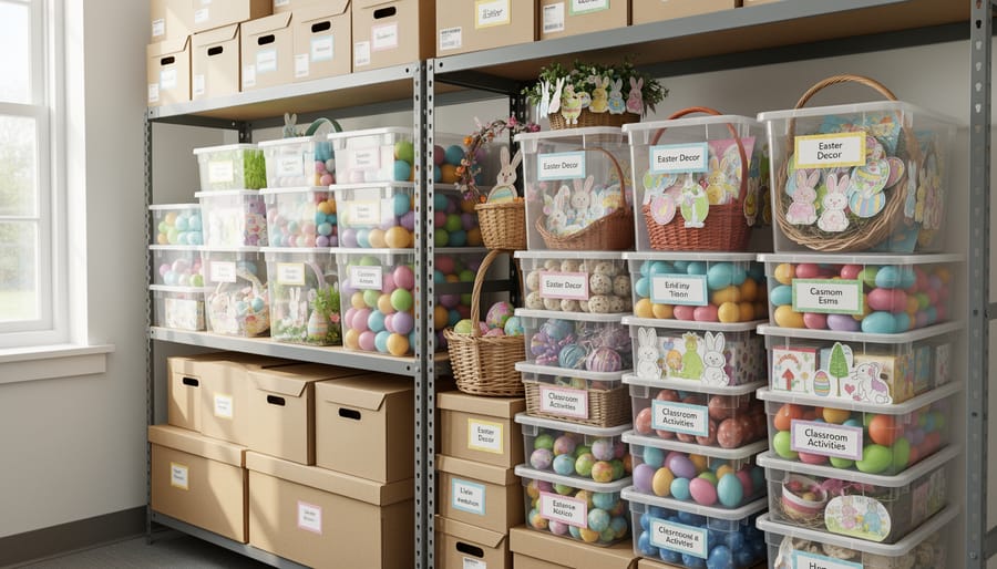Easter decoration items stored in labeled bins and clear bags ready for next year