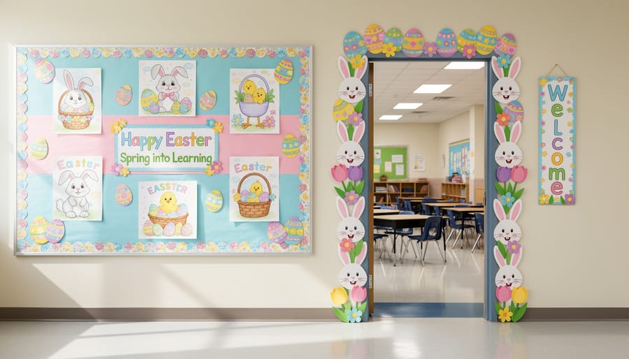 Easter-themed classroom bulletin board with bunny and egg decorations and a spring wreath near the door