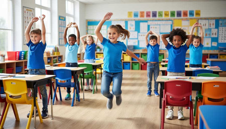 Diverse elementary students practicing movement breaks—light jumping and stretching—in a bright classroom with learning materials in the background.