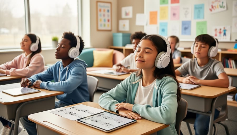 Elementary students seated and listening attentively during music time with some using over-ear headphones
