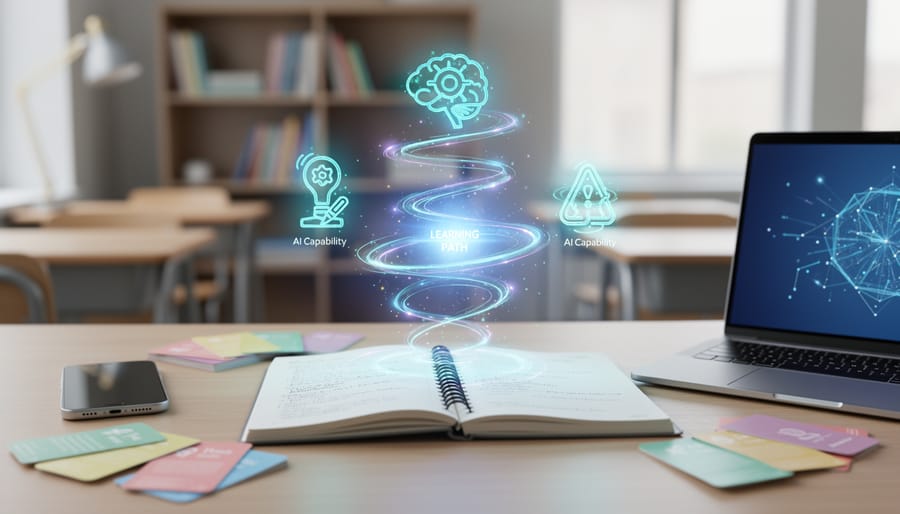Student study desk with notebook, flashcards, smartphone, and laptop showing glowing AI-inspired light effects symbolizing different learning capabilities.
