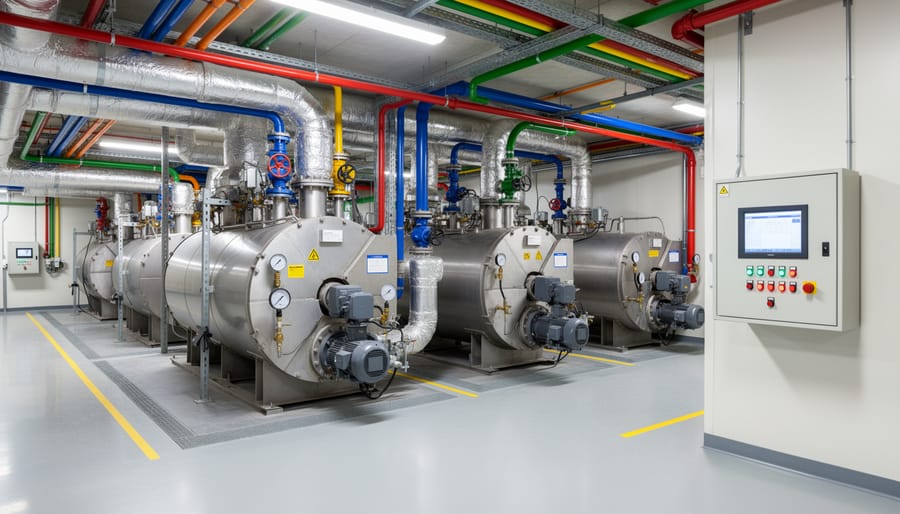 Industrial boiler room showing boiler piping, pressure gauges, and safety valve components