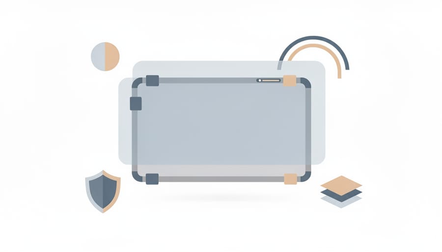 Interactive whiteboard with protective cover and neatly stored classroom maintenance supplies.