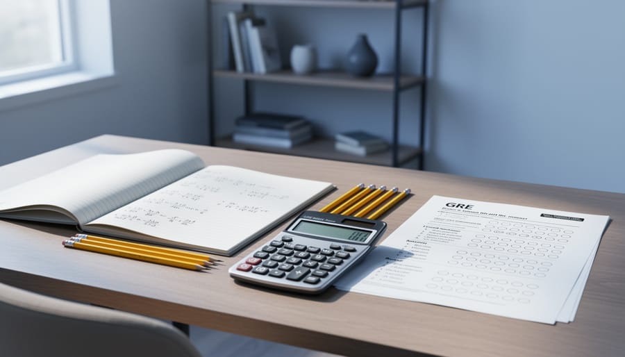 “Student studying GRE prep materials at a desk with an open notebook, pencils, and exam worksheet under soft natural light.”