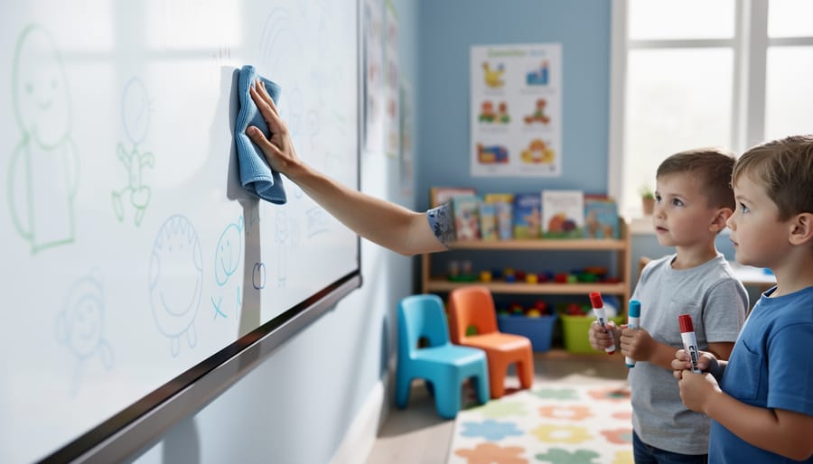 Teacher wiping a kindergarten interactive whiteboard with a microfiber cloth while children hold capped dry-erase markers in a classroom.
