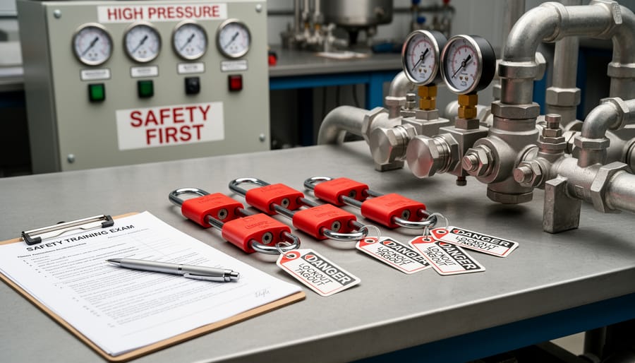 Lockout/tagout hasp and safety tag next to a pressure gauge on a workshop bench