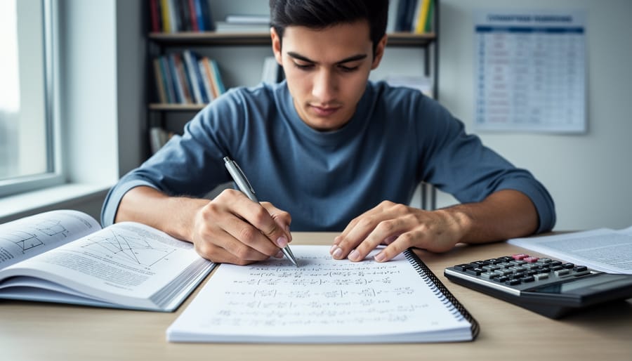 Engineering graduate studying at a desk with open textbooks, a notebook with handwritten formulas, and a calculator in a softly lit room.