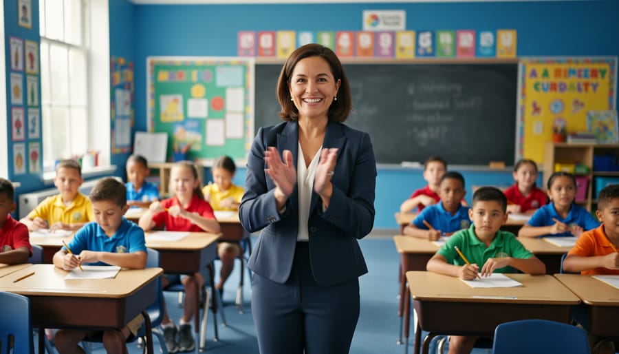 “Elementary teacher and students in a classroom clapping and tapping to a rhythm during a music integration lesson”