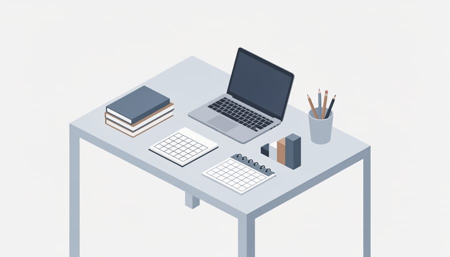 Neatly arranged study items on a desk near a laptop and tablet representing organized progress learning