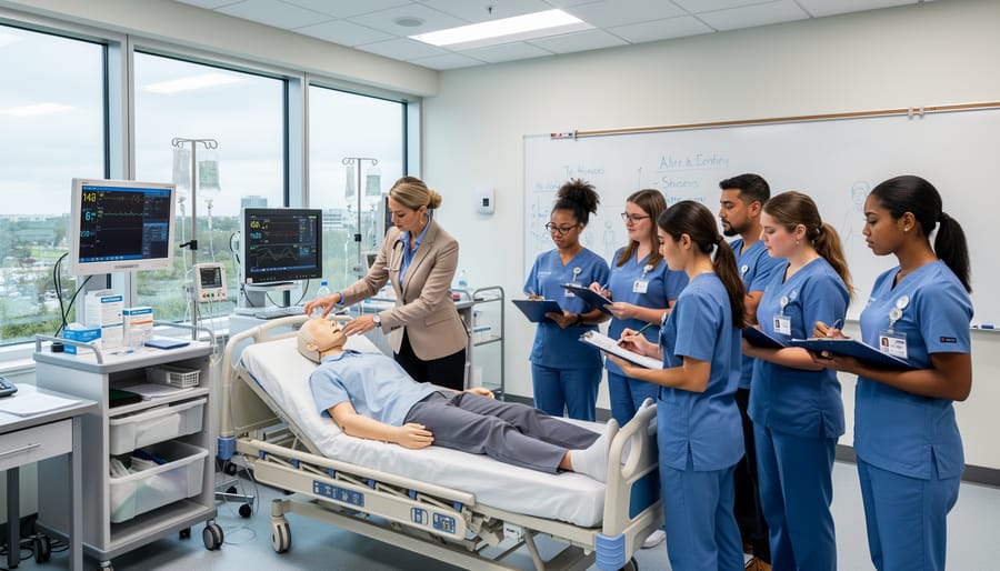 Nurse educator reviewing notes beside a healthcare simulation mannequin in a skills lab