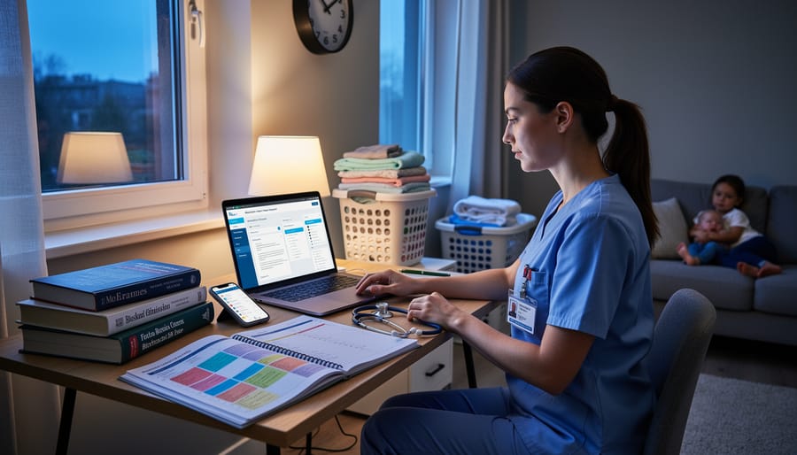Nurse studying at a desk at night with laptop glow and planner beside a blank notepad