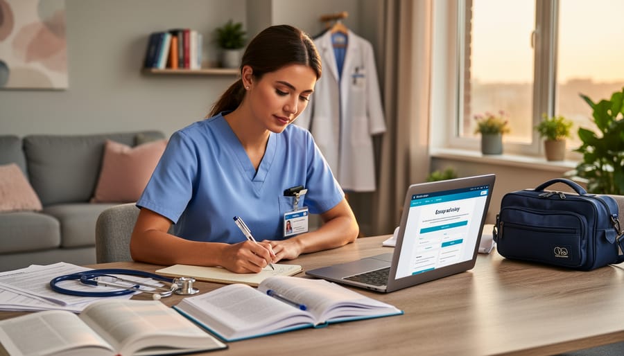 Nurse studying on a tablet with books on a desk next to a stethoscope