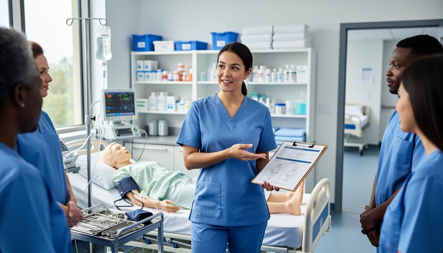 A nurse educator teaching in a simulation lab with a patient-care mannequin and clinical training equipment in the background