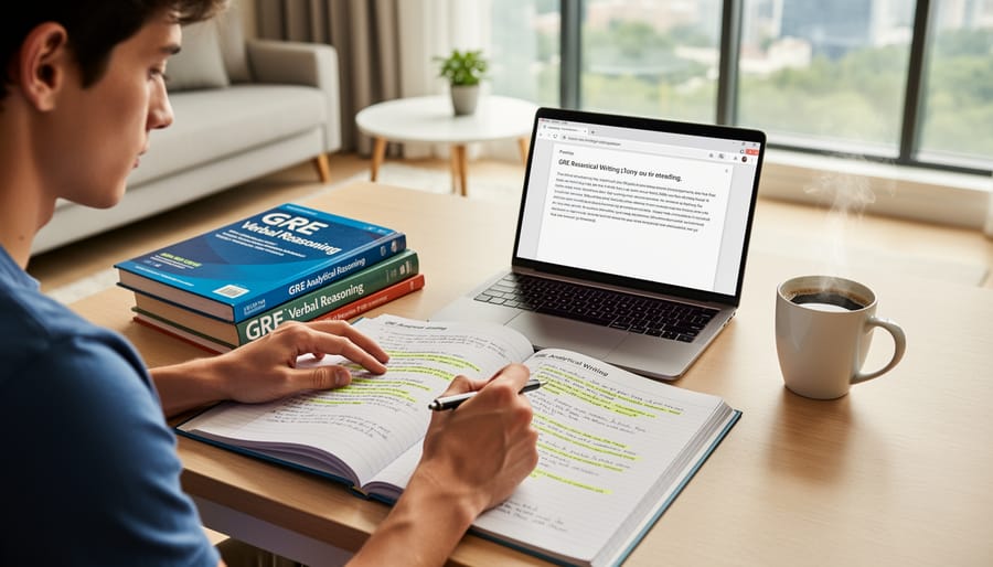 Open books with handwritten notes and an essay draft on a desk