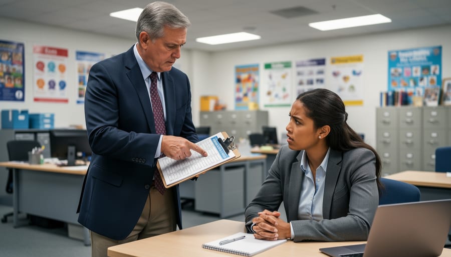 Principal holding a clipboard while teachers wait in a school hallway