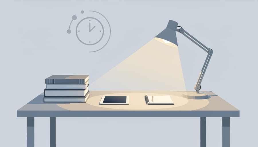Quiet study desk with a clipboard, pen, and exam workbook under a warm desk lamp