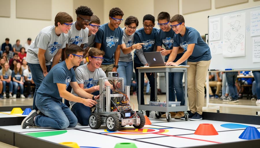 Robotics team members in a gym releasing and observing a small competition robot on a test mat.