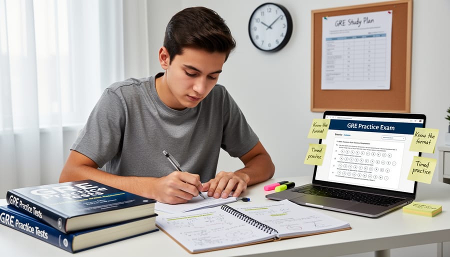 Stack of GRE-style test booklets on a table in a quiet study room