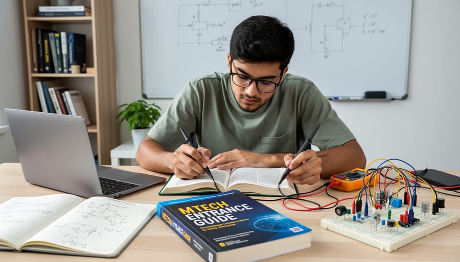 Student studying at a desk with notebooks, calculator, and laptop while preparing for an MTech entrance exam