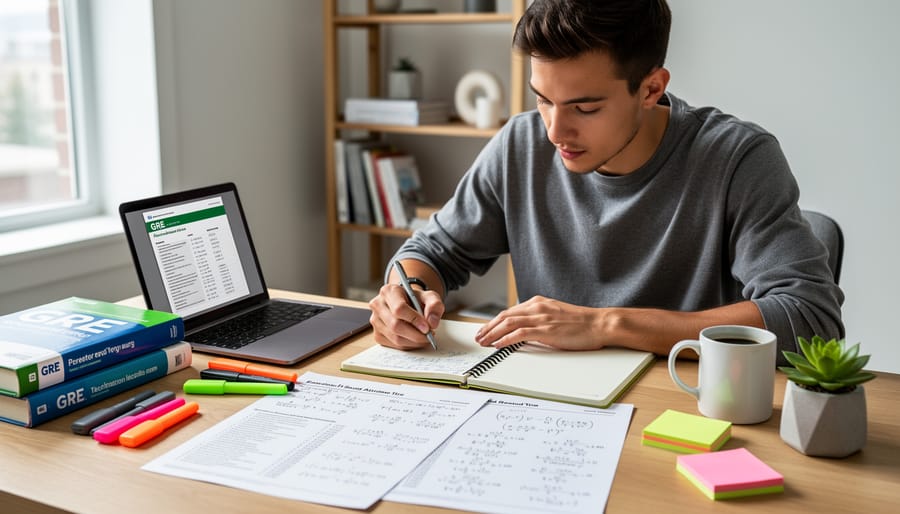 Student studying GRE prep materials at a desk with laptop and calculator