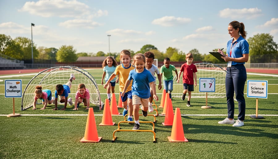 Students running a cone-and-hurdle obstacle course on a school playground field