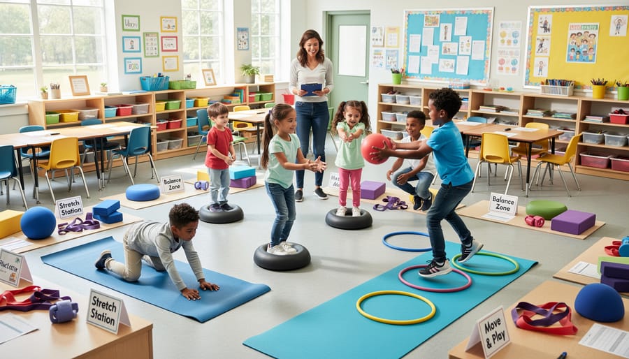 Students using beanbags and cones at inclusive classroom movement stations