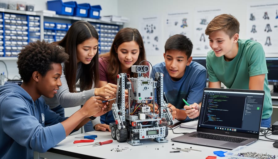 Students working together around a classroom robotics kit while adjusting parts on a tabletop.