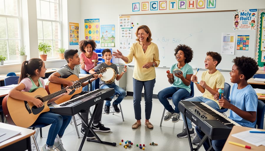 Teacher and elementary students clapping and playing simple rhythm instruments during a classroom music activity