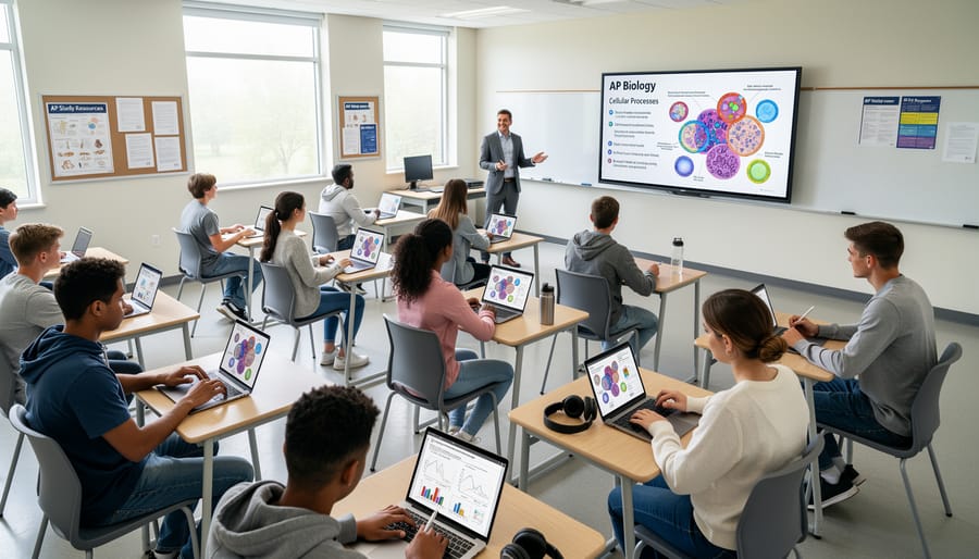Teacher and students in a modern AP classroom studying at desks with digital learning tools
