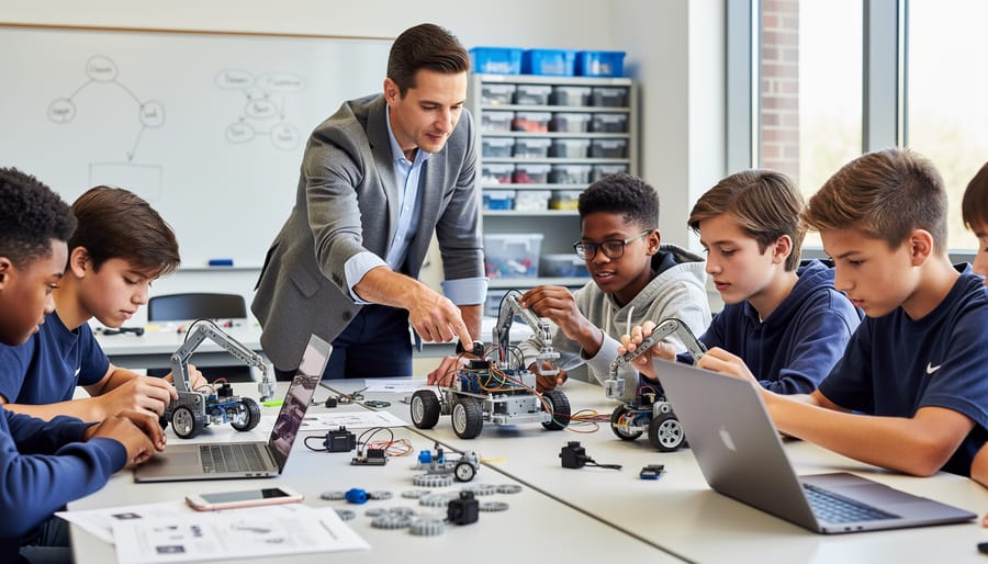 Teacher guiding students at a robotics workbench with a small robot and parts laid out on the table.