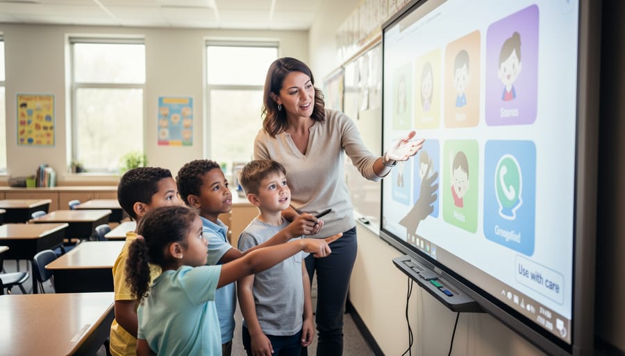 Teacher supervising kindergarten students using an interactive whiteboard in a classroom.