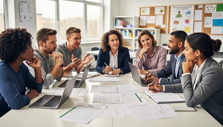 Teachers collaborating at a table with notebooks in a school meeting room