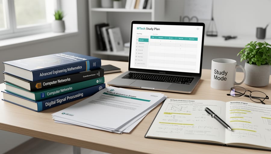 Textbooks and previous year papers stacked on a wooden table for MTech entrance exam preparation