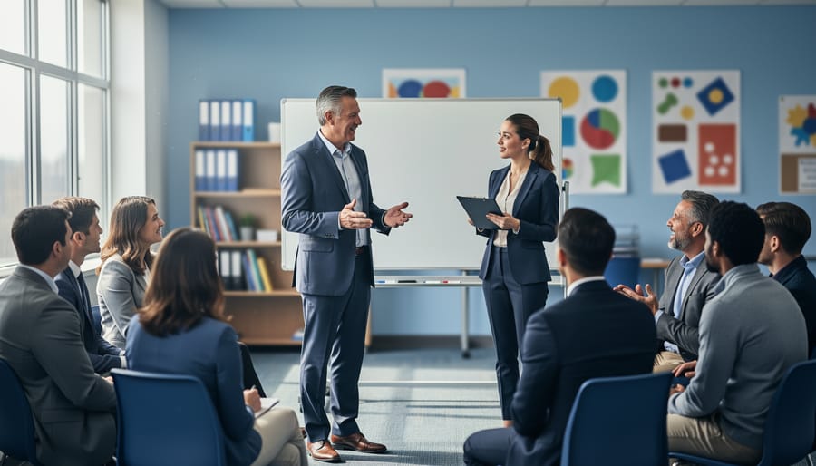 “Principal and teachers in a circle during a school faculty meeting, communicating collaboratively in a modern classroom setting.”