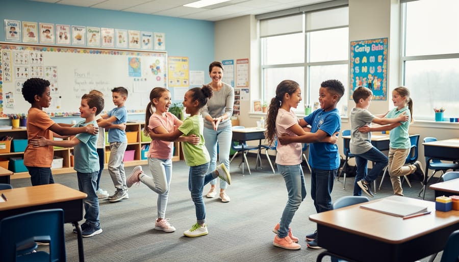 Two elementary students cooperating while passing a ball during an active learning game
