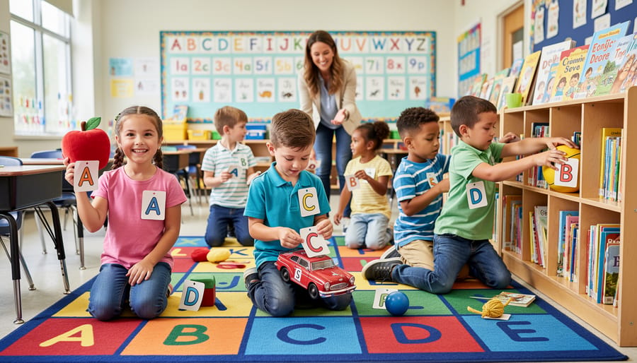 Kindergarten students searching the classroom during an alphabet treasure hunt with a teacher supervising.