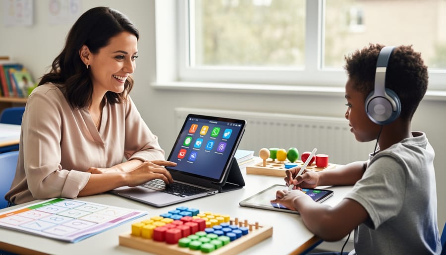 Educator using a tablet with assistive communication tools in a quiet learning environment