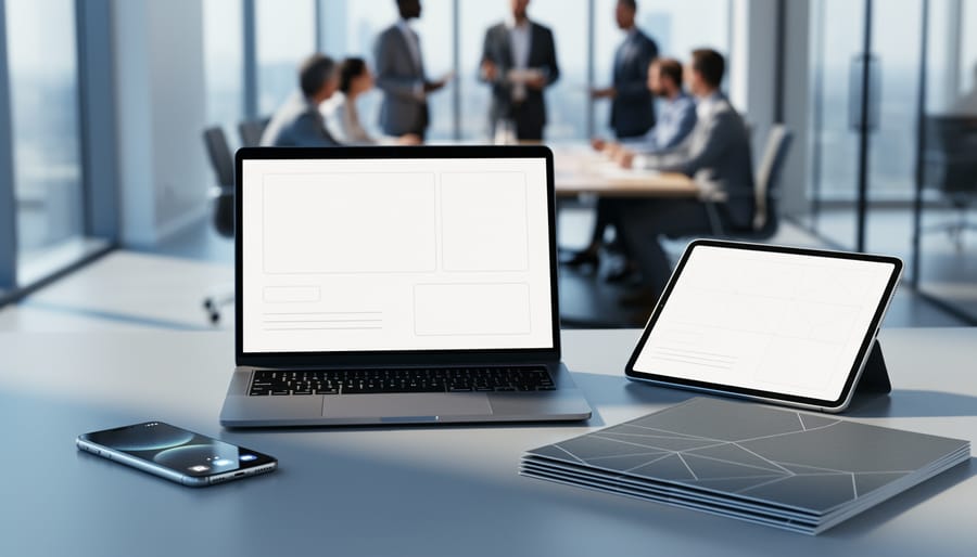 Laptop and tablet on a modern B2B sales desk with presentation materials and corporate folders in a blurred conference room setting