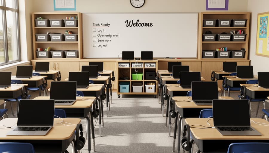 Teacher placing a Chromebook into a charging station on a rolling cart in a classroom
